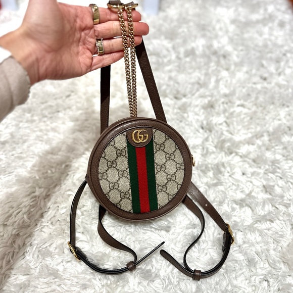 GG Supreme Monogram Web Mini Ophidia Round Backpack Brown - Picture 1 of 9
